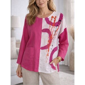 Odile Pink White 100% Linen Abstract Art Top Pocket Blouse Size M